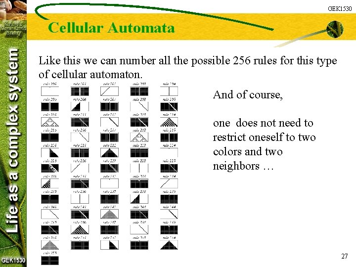 GEK 1530 Cellular Automata Like this we can number all the possible 256 rules