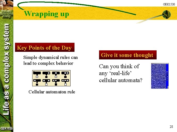 GEK 1530 Wrapping up Key Points of the Day Simple dynamical rules can lead