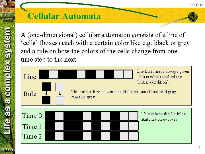 GEK 1530 Cellular Automata A (one-dimensional) cellular automaton consists of a line of ‘cells’