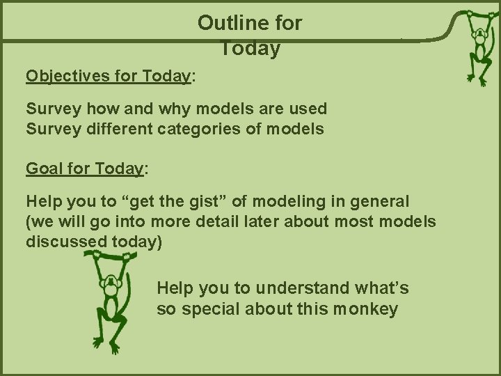 Outline for Today Objectives for Today: Survey how and why models are used Survey