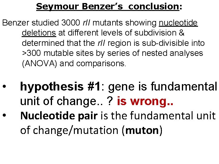 Seymour Benzer’s conclusion: Benzer studied 3000 r. II mutants showing nucleotide deletions at different