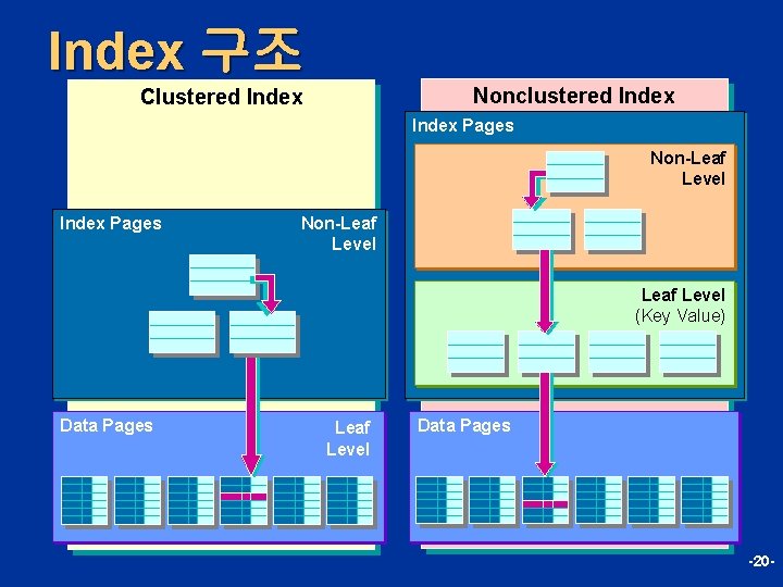 Index 구조 Nonclustered Index Clustered Index Pages Non-Leaf Level (Key Value) Data Pages Leaf