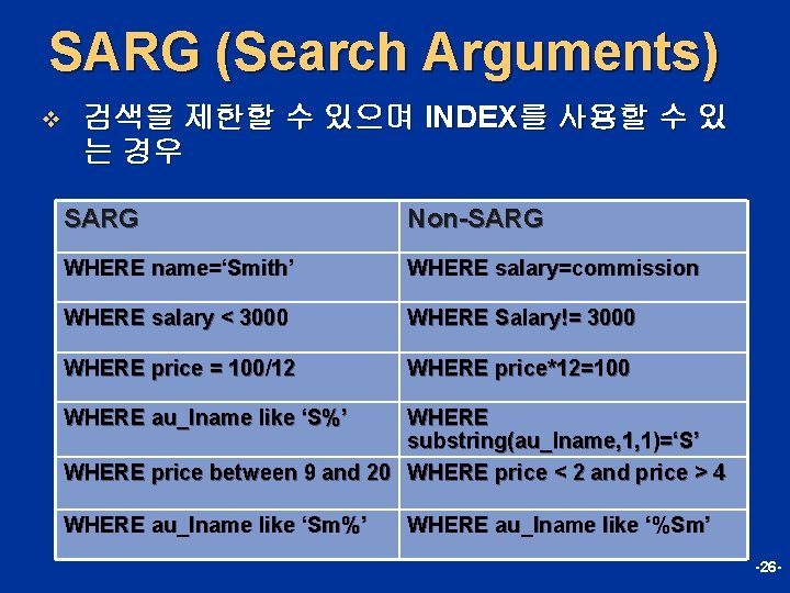 SARG (Search Arguments) v 검색을 제한할 수 있으며 INDEX를 사용할 수 있 는 경우