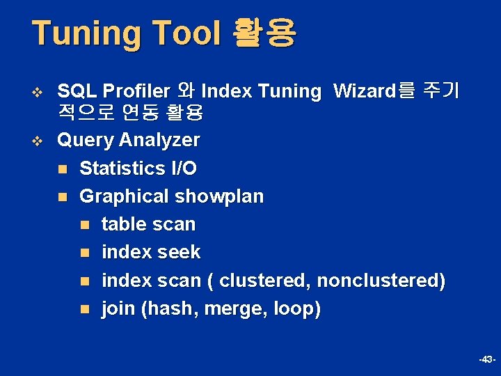 Tuning Tool 활용 v v SQL Profiler 와 Index Tuning Wizard를 주기 적으로 연동