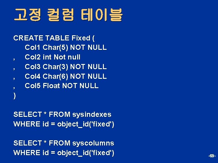 고정 컬럼 테이블 CREATE TABLE Fixed ( Col 1 Char(5) NOT NULL , Col