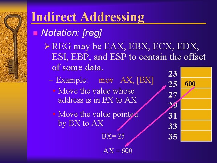 Indirect Addressing n Notation: [reg] Ø REG may be EAX, EBX, ECX, EDX, ESI,