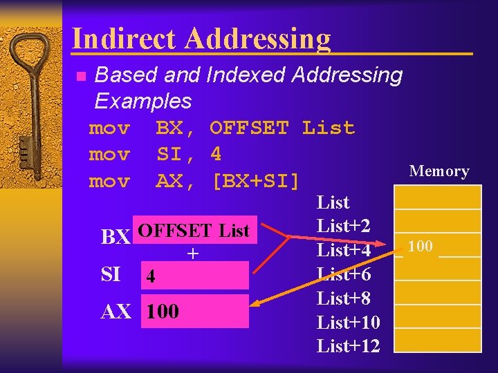Indirect Addressing n Based and Indexed Addressing Examples mov BX, OFFSET List mov SI,