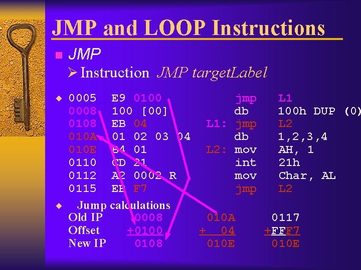 JMP and LOOP Instructions n JMP Ø Instruction JMP target. Label ¨ 0005 E