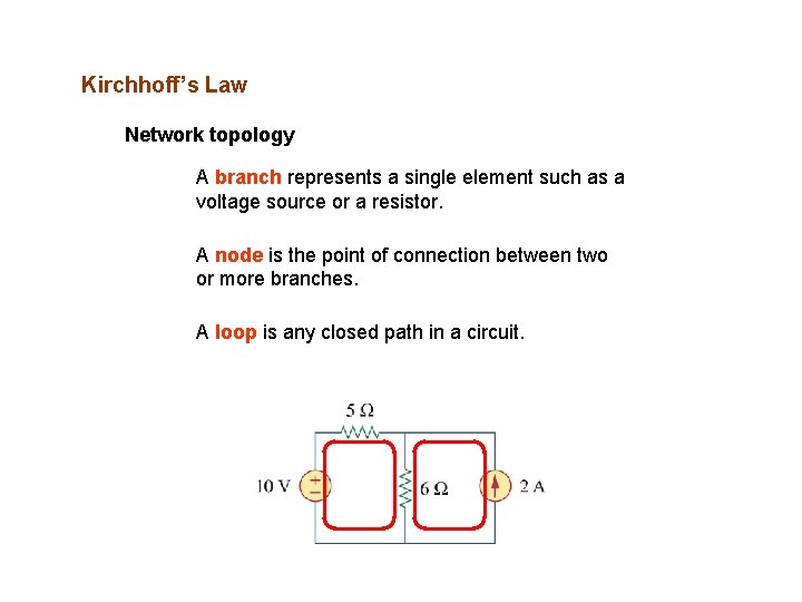 Kirchhoff’s Law Network topology A branch represents a single element such as a voltage