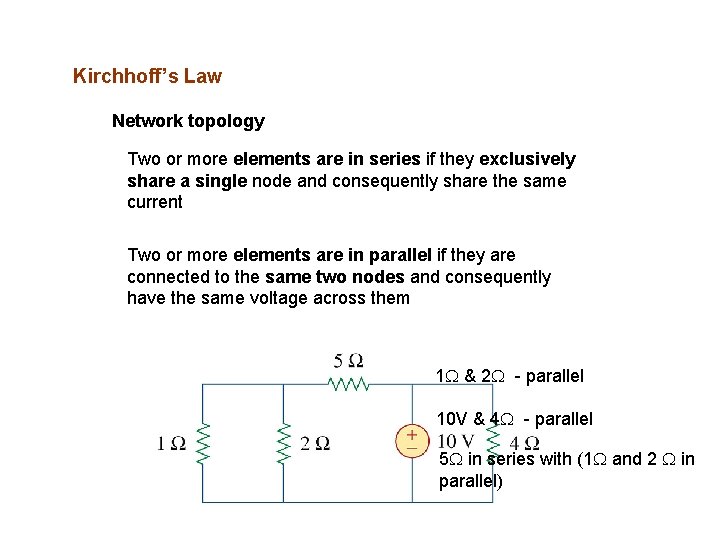 Kirchhoff’s Law Network topology Two or more elements are in series if they exclusively