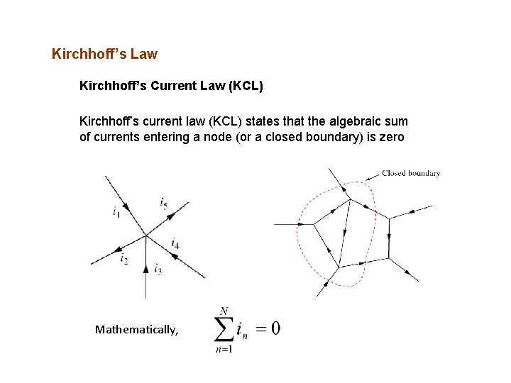 Kirchhoff’s Law Kirchhoff’s Current Law (KCL) Kirchhoff’s current law (KCL) states that the algebraic