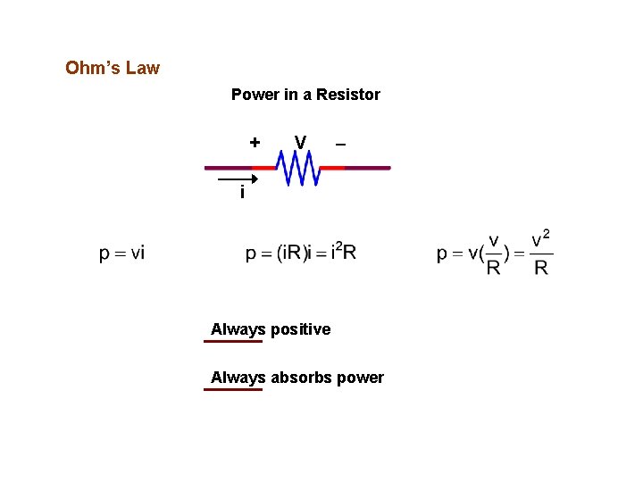 Ohm’s Law Power in a Resistor + V i Always positive Always absorbs power