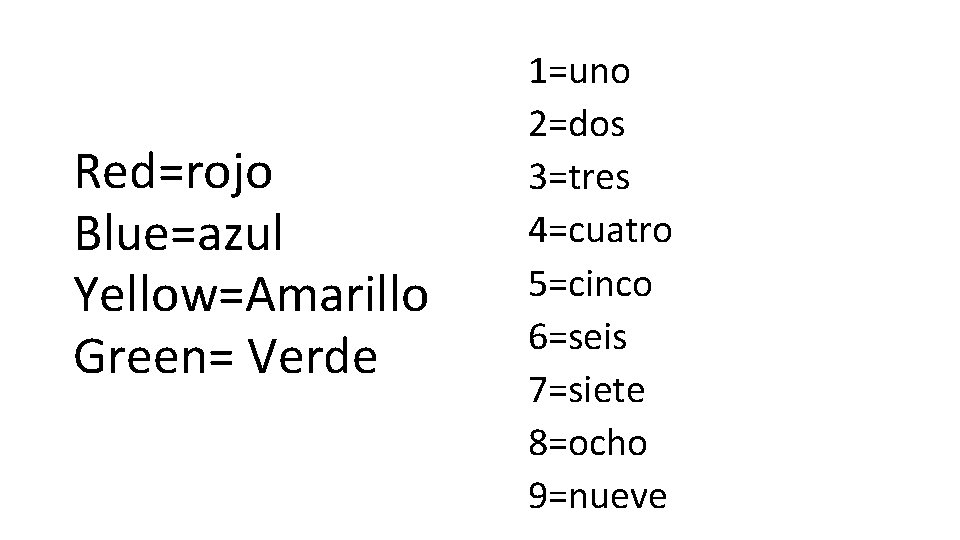 Red=rojo Blue=azul Yellow=Amarillo Green= Verde 1=uno 2=dos 3=tres 4=cuatro 5=cinco 6=seis 7=siete 8=ocho 9=nueve