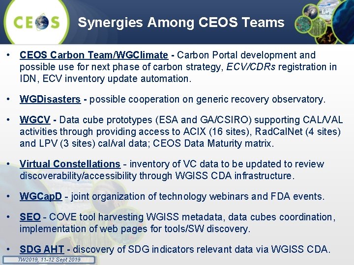 Synergies Among CEOS Teams • CEOS Carbon Team/WGClimate - Carbon Portal development and possible