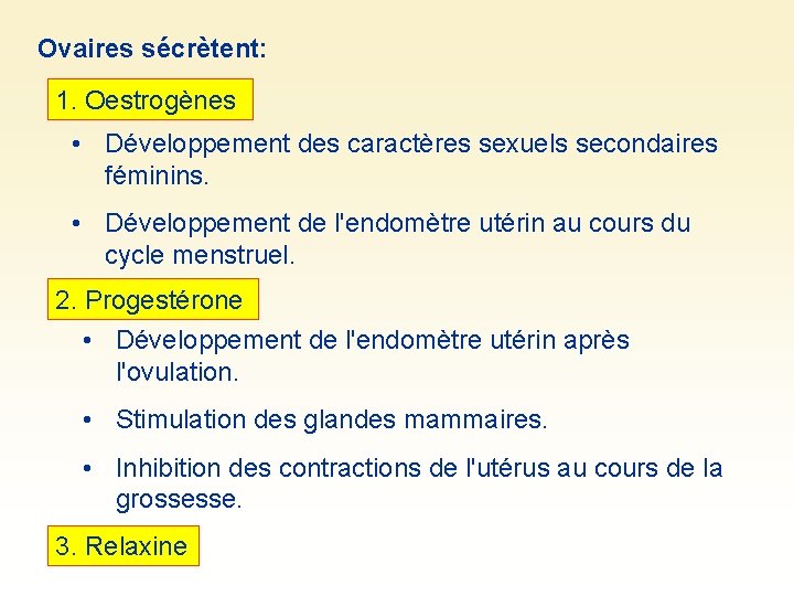 Ovaires sécrètent: 1. Oestrogènes • Développement des caractères sexuels secondaires féminins. • Développement de