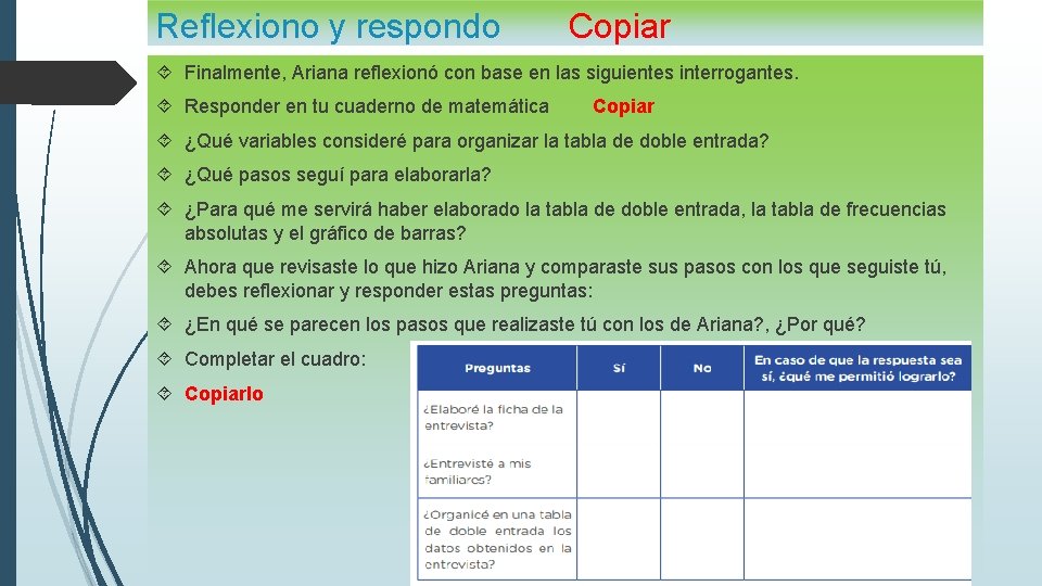 Reflexiono y respondo Copiar Finalmente, Ariana reflexionó con base en las siguientes interrogantes. Responder