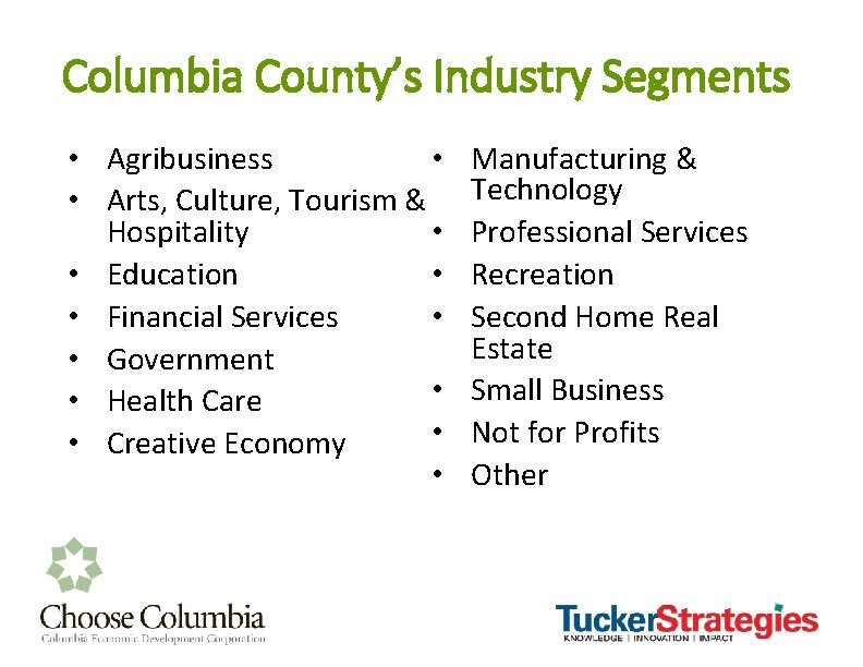 Columbia County’s Industry Segments • • Agribusiness • Arts, Culture, Tourism & • Hospitality