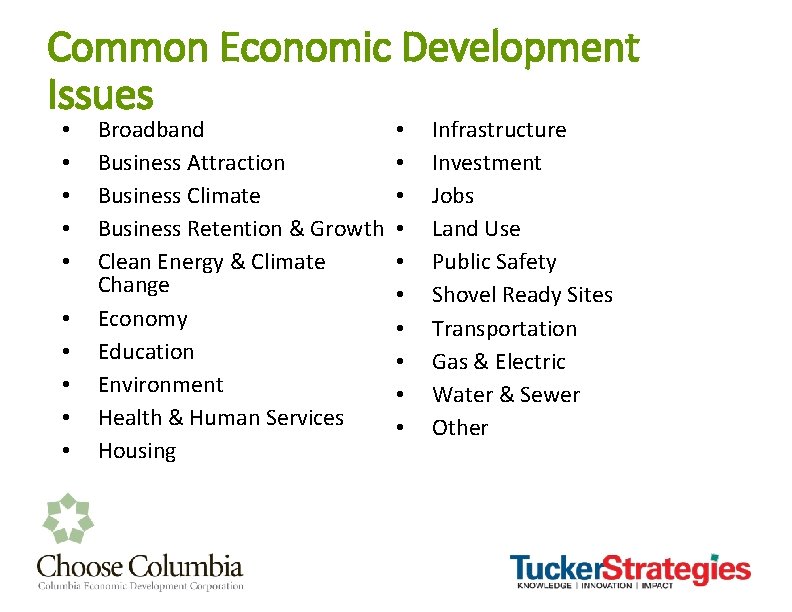 Common Economic Development Issues • • • Broadband Business Attraction Business Climate Business Retention