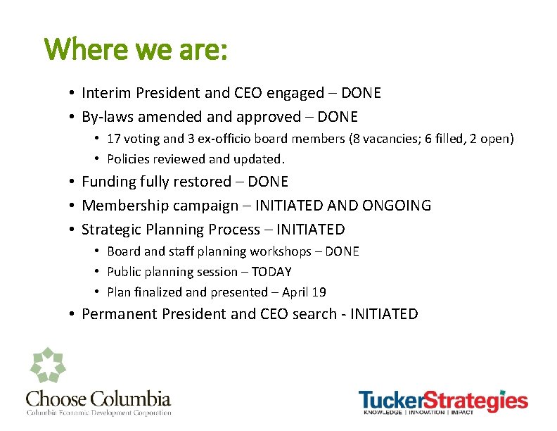 Where we are: • Interim President and CEO engaged – DONE • By-laws amended