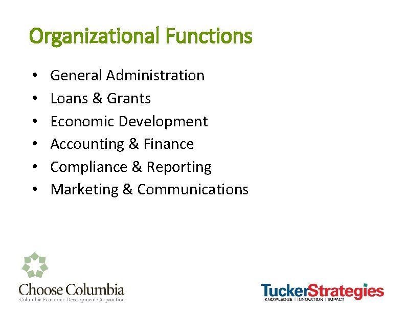 Organizational Functions • • • General Administration Loans & Grants Economic Development Accounting &