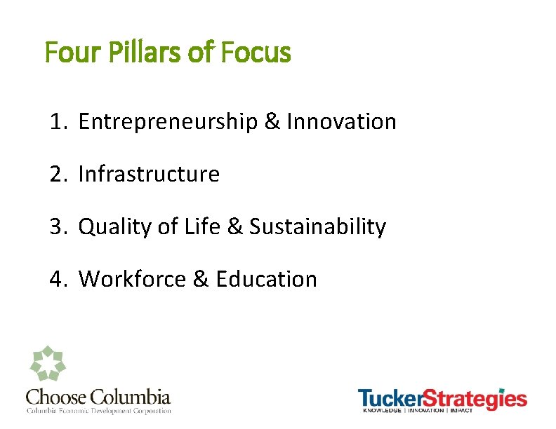 Four Pillars of Focus 1. Entrepreneurship & Innovation 2. Infrastructure 3. Quality of Life