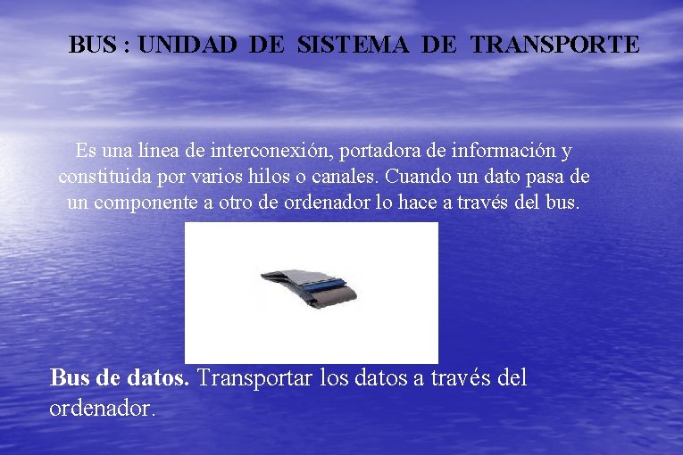 BUS : UNIDAD DE SISTEMA DE TRANSPORTE Es una línea de interconexión, portadora de