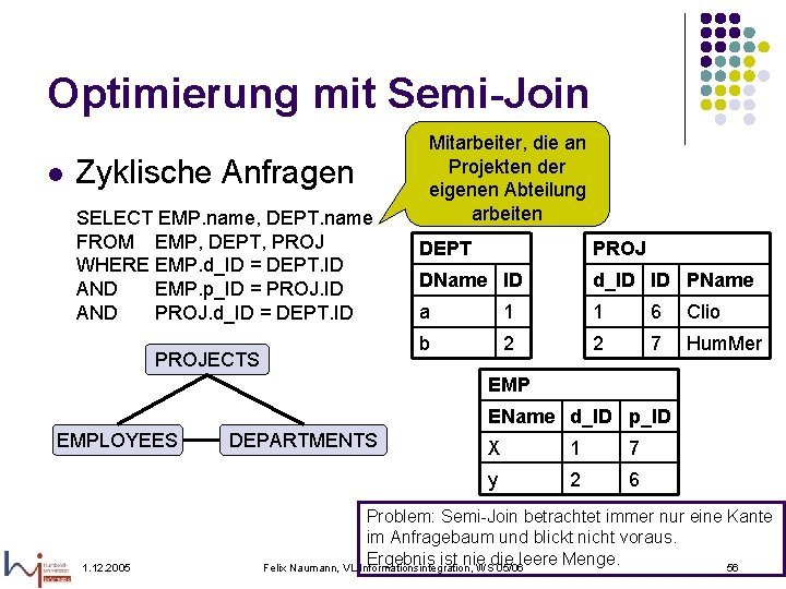 Optimierung mit Semi-Join l Zyklische Anfragen SELECT EMP. name, DEPT. name FROM EMP, DEPT,