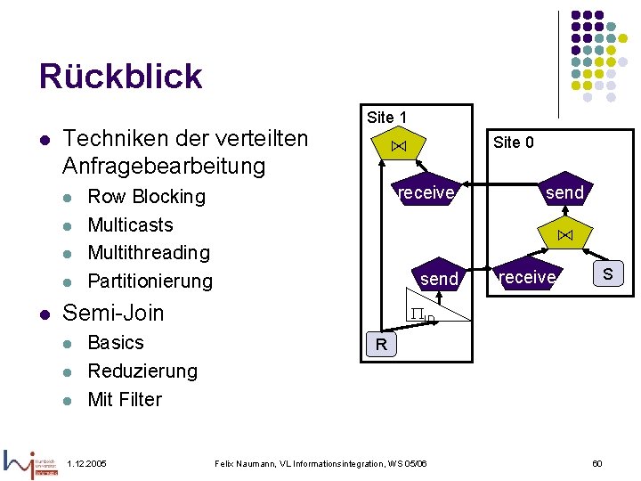 Rückblick l Techniken der verteilten Anfragebearbeitung l l l Site 1 ⋈ receive Row