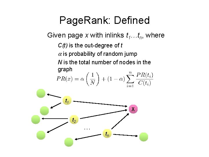 Page. Rank: Defined Given page x with inlinks t 1…tn, where C(t) is the