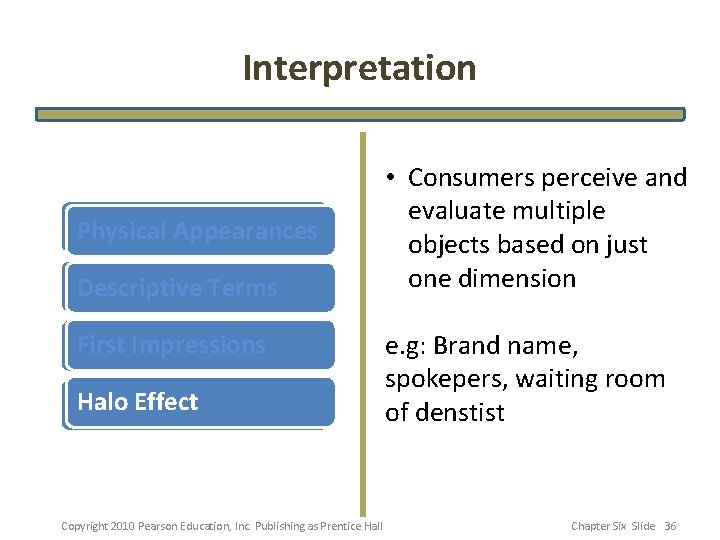 Interpretation Physical Appearances Descriptive Terms First Impressions First Halo Effect Halo Copyright 2010 Pearson