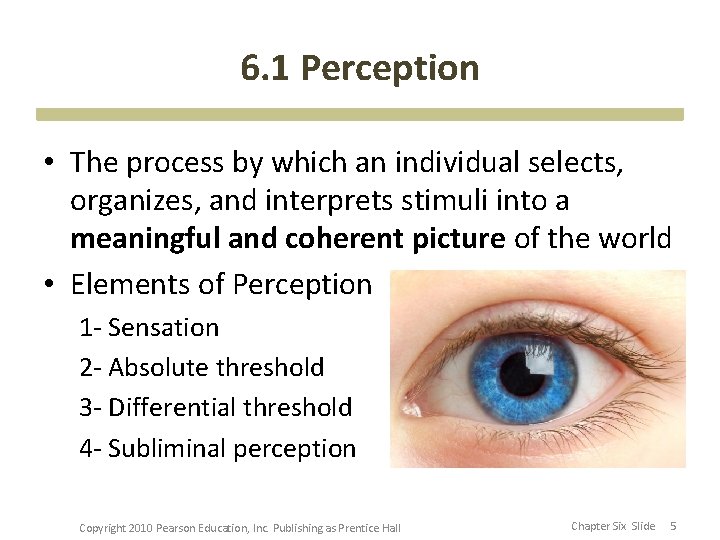 6. 1 Perception • The process by which an individual selects, organizes, and interprets