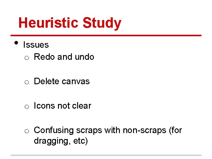 Heuristic Study • Issues o Redo and undo o Delete canvas o Icons not