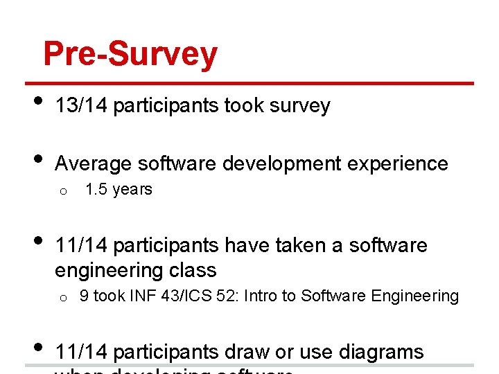 Pre-Survey • 13/14 participants took survey • Average software development experience o • 11/14