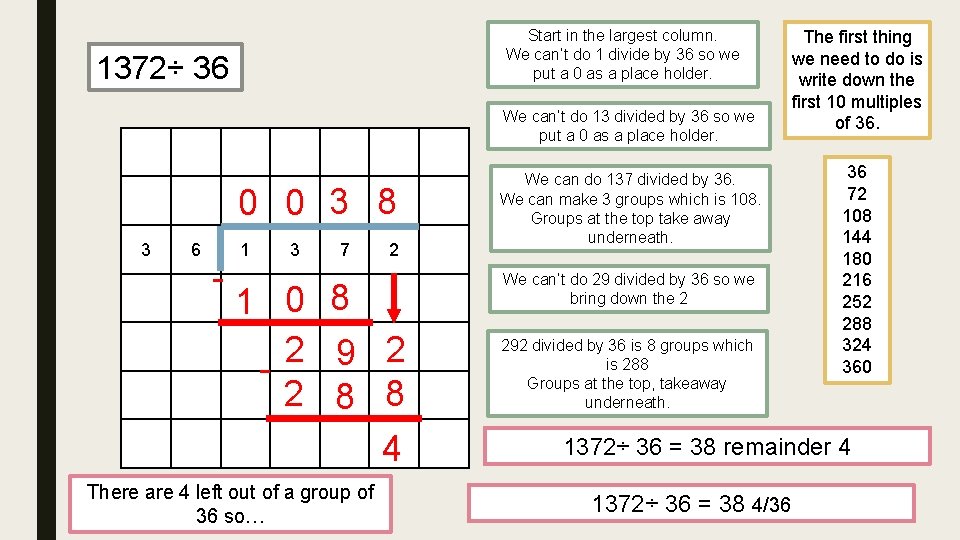 Start in the largest column. We can’t do 1 divide by 36 so we