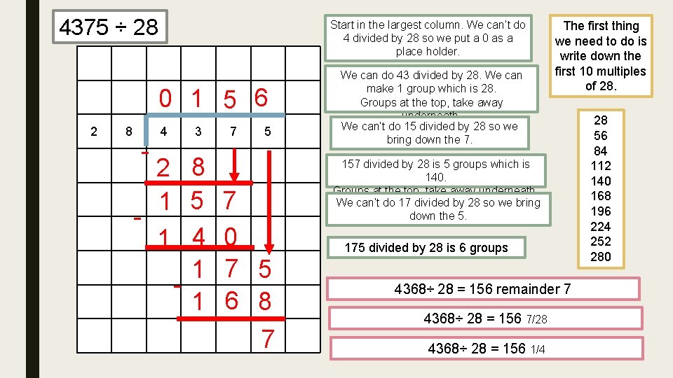 4375 ÷ 28 Start in the largest column. We can’t do 4 divided by