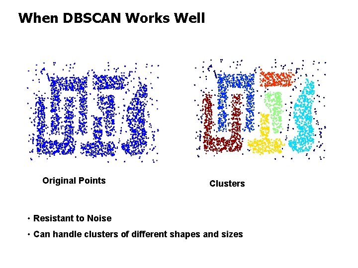 When DBSCAN Works Well Original Points Clusters • Resistant to Noise • Can handle
