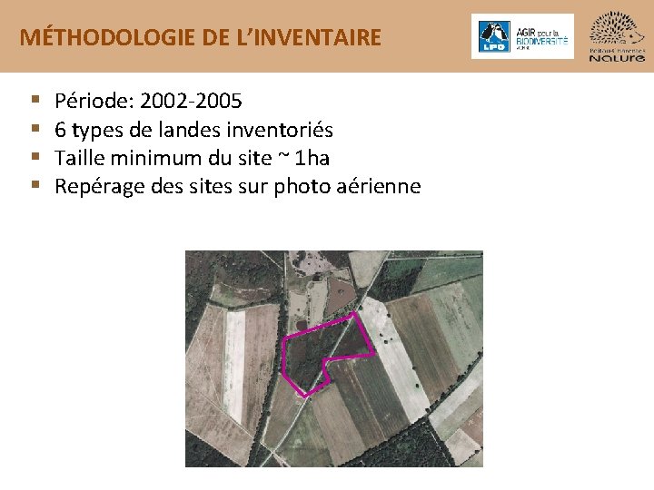 MÉTHODOLOGIE DE L’INVENTAIRE § § Période: 2002 -2005 6 types de landes inventoriés Taille