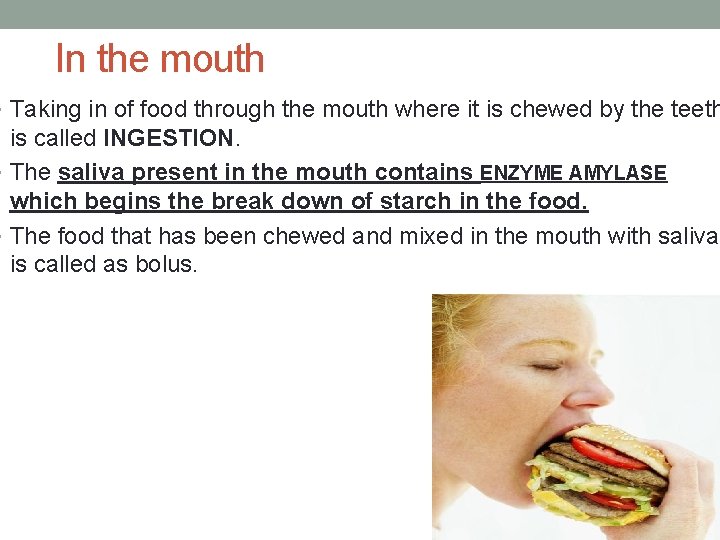 In the mouth • Taking in of food through the mouth where it is