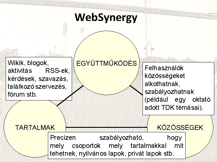 Web. Synergy Wikik, blogok, EGYÜTTMŰKÖDÉS aktivitás RSS-ek, kérdések, szavazás, találkozó szervezés, fórum stb. Felhasználók