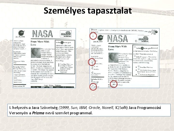 Személyes tapasztalat I. helyezés a Java Szövetség (1999, Sun, IBM, Oracle, Novell, IQSoft) Java