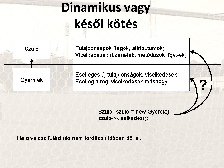 Dinamikus vagy késői kötés Szülő Gyermek Tulajdonságok (tagok, attribútumok) Viselkedések (üzenetek, metódusok, fgv. -ek)