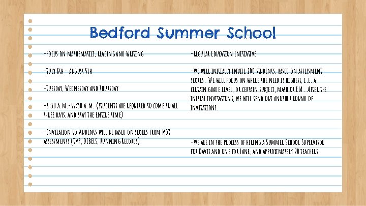 Bedford Summer School -Focus on mathematics, reading and writing -Regular Education Initiative -July 6