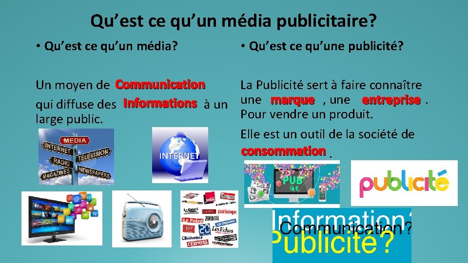 Qu’est ce qu’un média publicitaire? • Qu’est ce qu’un média? • Qu’est ce qu’une