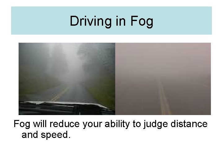 Driving in Fog will reduce your ability to judge distance and speed. 