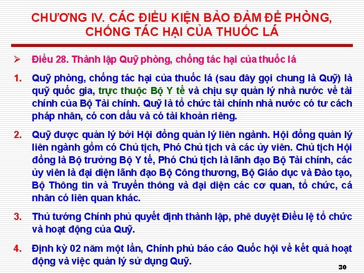 CHƯƠNG IV. CÁC ĐIỀU KIỆN BẢO ĐẢM ĐỂ PHÒNG, CHỐNG TÁC HẠI CỦA THUỐC