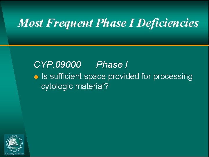 Most Frequent Phase I Deficiencies CYP. 09000 u Phase I Is sufficient space provided