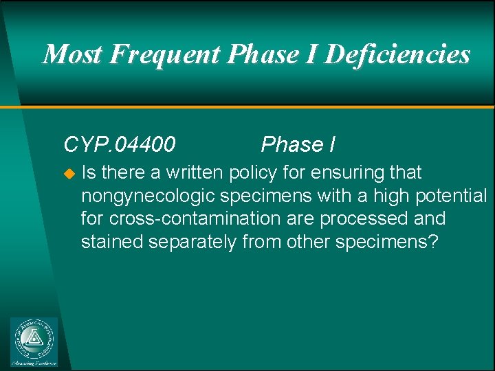 Most Frequent Phase I Deficiencies CYP. 04400 u Phase I Is there a written