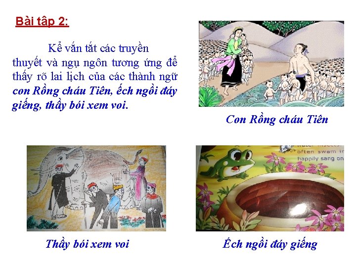 Bài tập 2: Kể vắn tắt các truyền thuyết và ngụ ngôn tương ứng