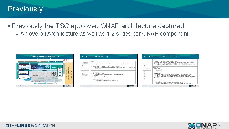 Previously • Previously the TSC approved ONAP architecture captured. - An overall Architecture as