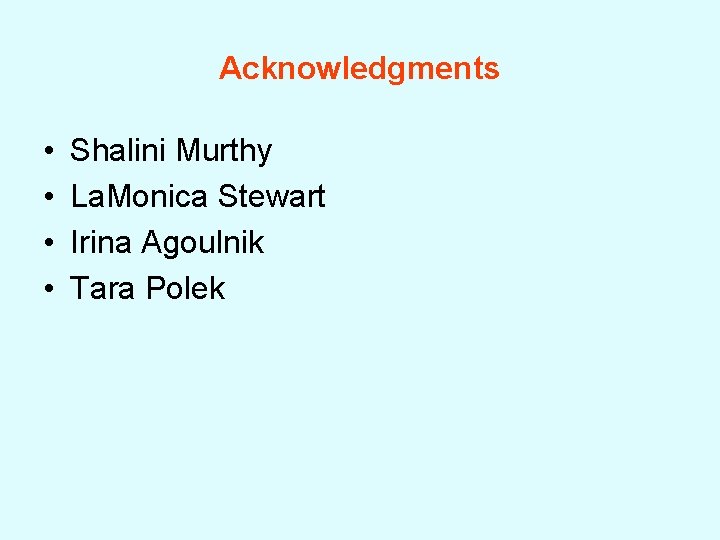 Acknowledgments • • Shalini Murthy La. Monica Stewart Irina Agoulnik Tara Polek 